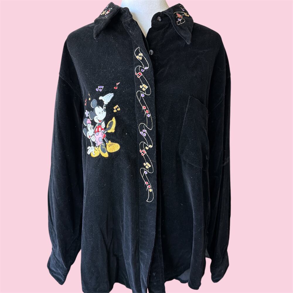 Vintage Disney Mickey Mouse Minnie Embroidered Velvet Long Sleeve Button Up Sz L